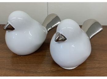 Two Ceramic Doves Paint Decorated With Silver