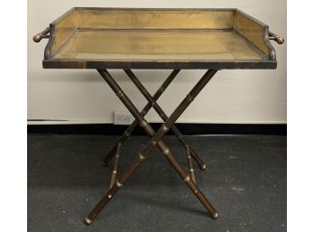 Vintage Brass Wood And Leather Tray Table-  Chapman