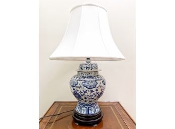 Blue And White Chinoiserie Ginger Jar Lamp With Silk Shade