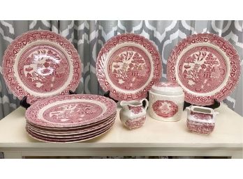 Classic Pink/Red Transferware Collection Including Old Willow Hampton 10' Plates And More