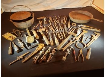 Vintage Steel Tool Lot & Cast Iron Covered Pot And Pan