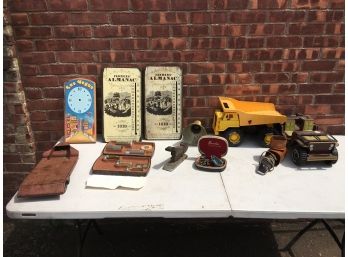 Vintage Farmers Almanac Thermometers And Toy Trucks