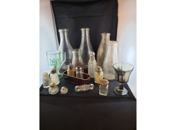Lot Of Vintage Glass Bottles, Glasses & Salt N' Pepper Shakers