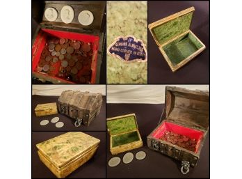 Lot Of (2) : Antique Wood & Steel Treasure Chest W/ Assorted/Mystery Vintage Coins & Alabaster Italian Box