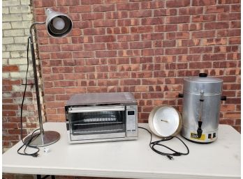 Lot Of (3) - Standing Arched Floor Lamp, 'The Big Perc' Party Pot Percolator & Oster Toaster Oven