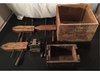 Vintage Wooden Clamps And Underwood Typewriter Crate