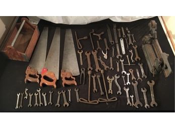 Vintage Wrenches And Saws With Tool Box