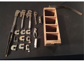 Antique Wrenches, Clamps And Wooden Bin