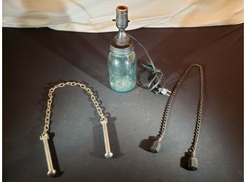Lot Of (3) - Vintage Blue Ball Perfect Mason Jar Light/lamp & (2) Vintage Manriki Chains