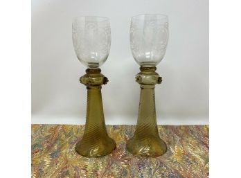 Set 2 Pauly & Co Amber & Clear Etched Venetian / Murano Glasses Goblet Cordial