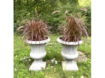 Pair Of Vintage Composite Urns With Lattice Design - Including Grasses!