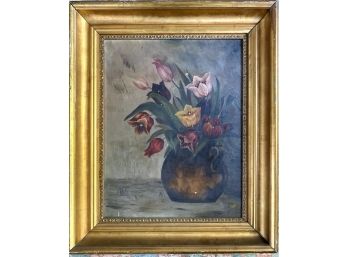 Antique Original Framed Oil On Canvas Tulips Signed E.W.S Feb 19, 1887