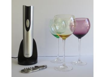 Oster Wine Opener With 3 Long Stemmed Wine Glasses
