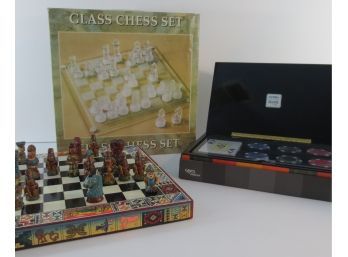 Group Of 2 Chess Sets & Poker Chips W/Cards