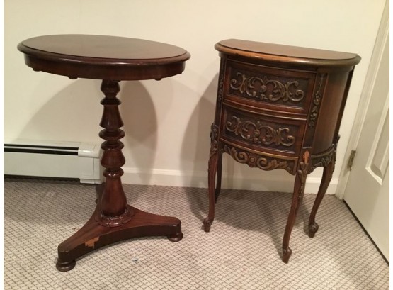 Vintage Two Drawers Carved Night Table And Empire Round Side Table On Pedestal.