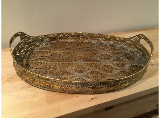 Brass Colored Pierced Two Handles Serving Tray.