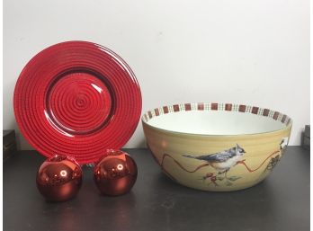 Bird Bowl And Red Plate And Candle Holders