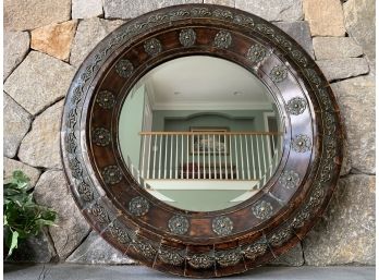 Substantial Round Mirror With Hammered Metal Frame