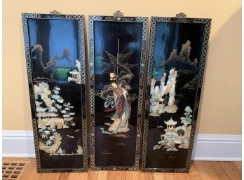Handpainted And Embellished Vintage Asian Lacquer Panel Trio
