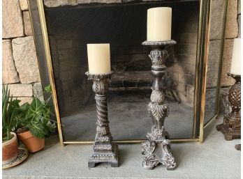 Two Large Composite Pillar Candle Holders