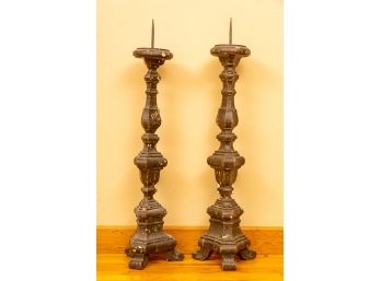 Pair Of Antique Carved Wood Candlesticks
