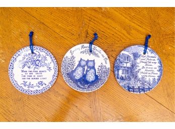 Trio Of Blue & White Ceramic Decorative Wall Plates With Poems