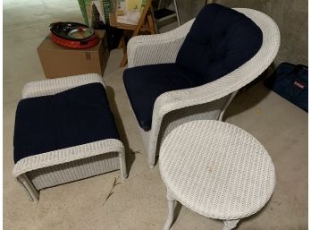 Wicker Chair W/ Ottoman & Side Table - Blue Cushions