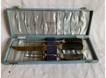 Priestley & Moore LTD 3 Piece Stag Horn Handle Carving Set From England In Original Case