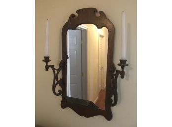 Vintage Early 1900’s Wooden Wall Mirror W/ Attached Sconces