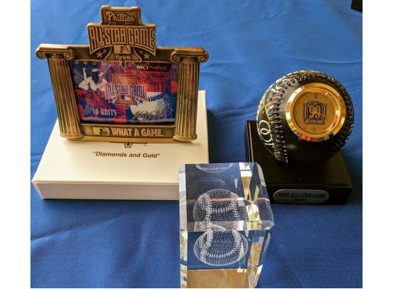 Set Of 1996 And 1999 All Star Baseball Trophies A Lazer Cut Custom Floating Glass Baseball