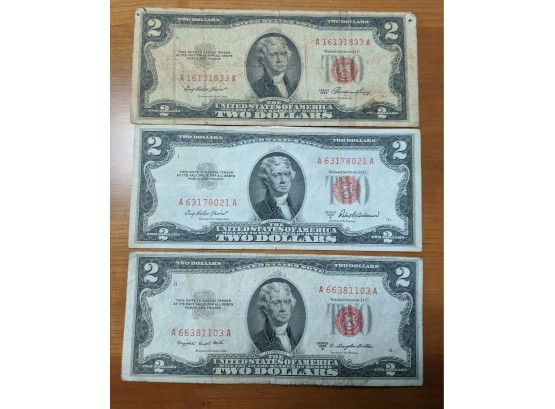 Three (3) United States Red Seal Two Dollar Bills