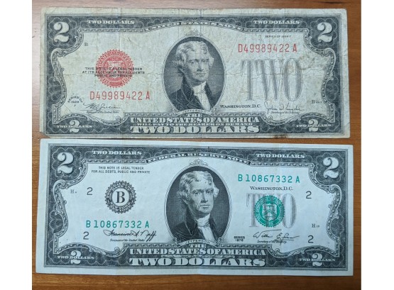 Two (2) United States Two Dollar Red Seal Bills; One Series 1928F; Other Series 1978