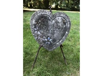 Cute Concrete Heart Shaped Welcome Sign On Stand