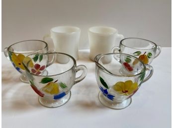 Vintage Anchor Hocking Milk Glass Mug & 4 Painted Glass Cups