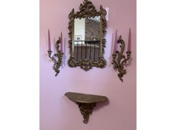 Lovely Gilt Wall Mirror With Matching Demi-lune Console Shelf & Pair Two Light Candle Sconses