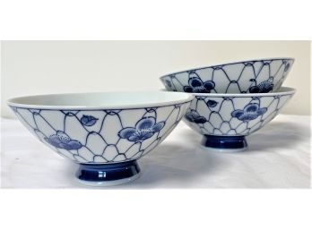 Group Of Three Oriental Blue And White Rice Bowls