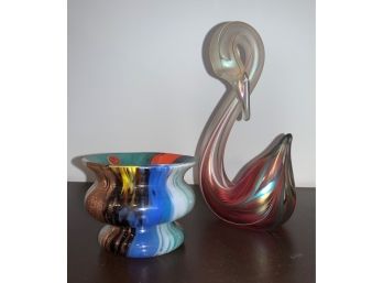 Murano  Multicolored Vase And A Hand Blown Swan