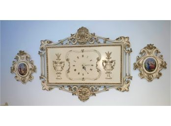 Interesting Wall Clock And Pair Compatible Framed Porcelain Plaques