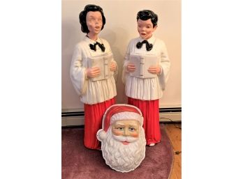 Two Tall Vintage Choir Boy And Girl Christmas Yard Decorations And A Light Up Santa Face