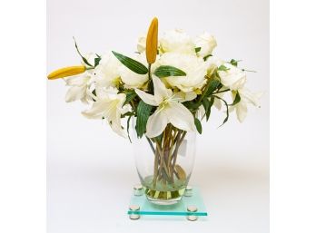 White Lilies & Roses Mixed Faux Flower Arrangement In Clear Glass Vase