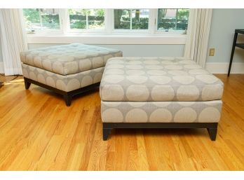 Pair Of Upholstered Square Cocktail Ottomans With Tapered Wood Legs