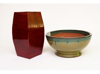 Red Lacquer Vase & Glazed Ceramic Footed Bowl
