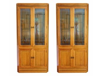 Pair Of Stickley Lighted Double Door Curio Display Cabinets