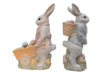 Pair Of Fun Decorative Rabbit Figurines With Removable Eggs