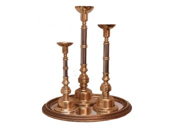 Three Brass Candlestick Holders With Mirrored Tray