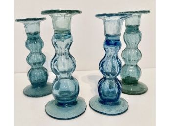 Four Vintage MCM 6' Hand Blown Blue Candlesticks