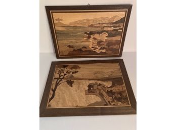Pair Vintage Sorrento Marquetry Inlay Wood Plaques (A)
