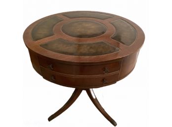 Handsome Antique Leather Topped Mahogany Drum Table 30' Round X 28'  (4 Legs)