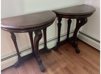 Pair Antique Carved Mahogany Half-Moon W/ Claw Feet Wall Accent Tables