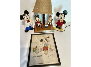 Misc. Lot  Vintage Disney Mickey, Minnie Figures, Pinnocchio Art & Lamp